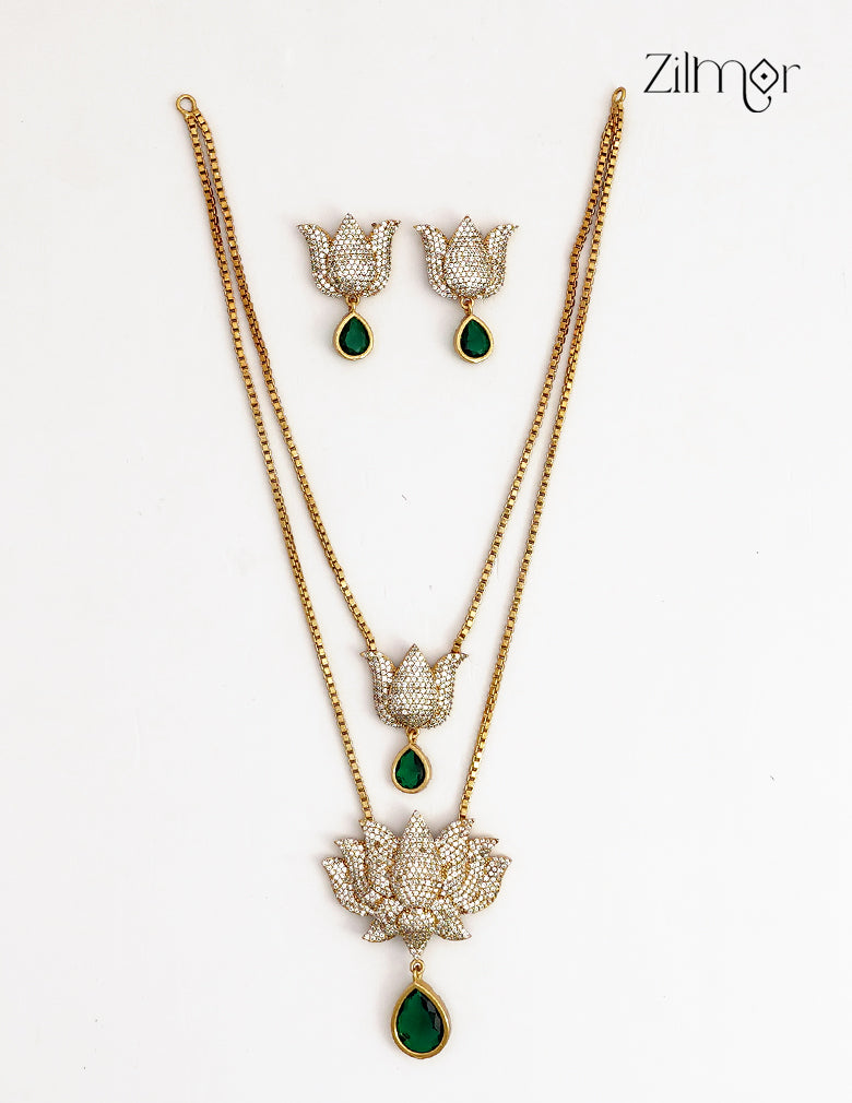 AD Stone Layered Lotus Necklace & Earring Set - ZL1012385