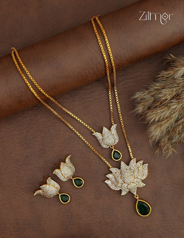 AD Stone Layered Lotus Necklace & Earring Set - ZL1012385