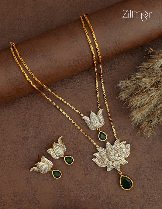AD Stone Layered Lotus Necklace & Earring Set - ZL1012385