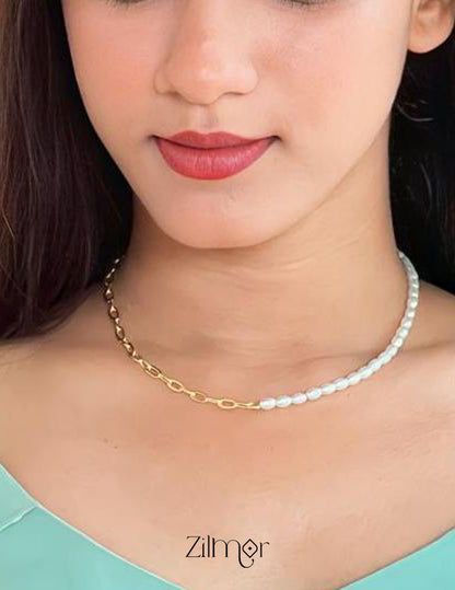 AS101053 - Gold Plated Half Pearl Half  Link Chain 2-Zilmor