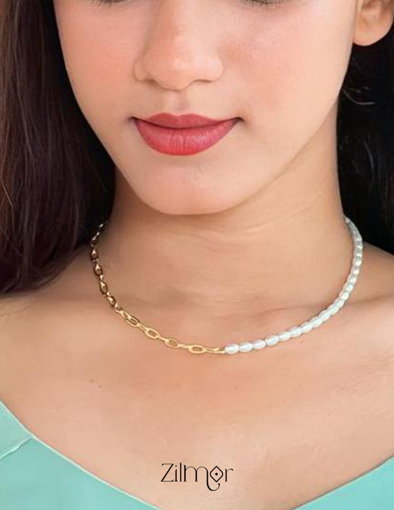AS101053 - Gold Plated Half Pearl Half  Link Chain 2-Zilmor