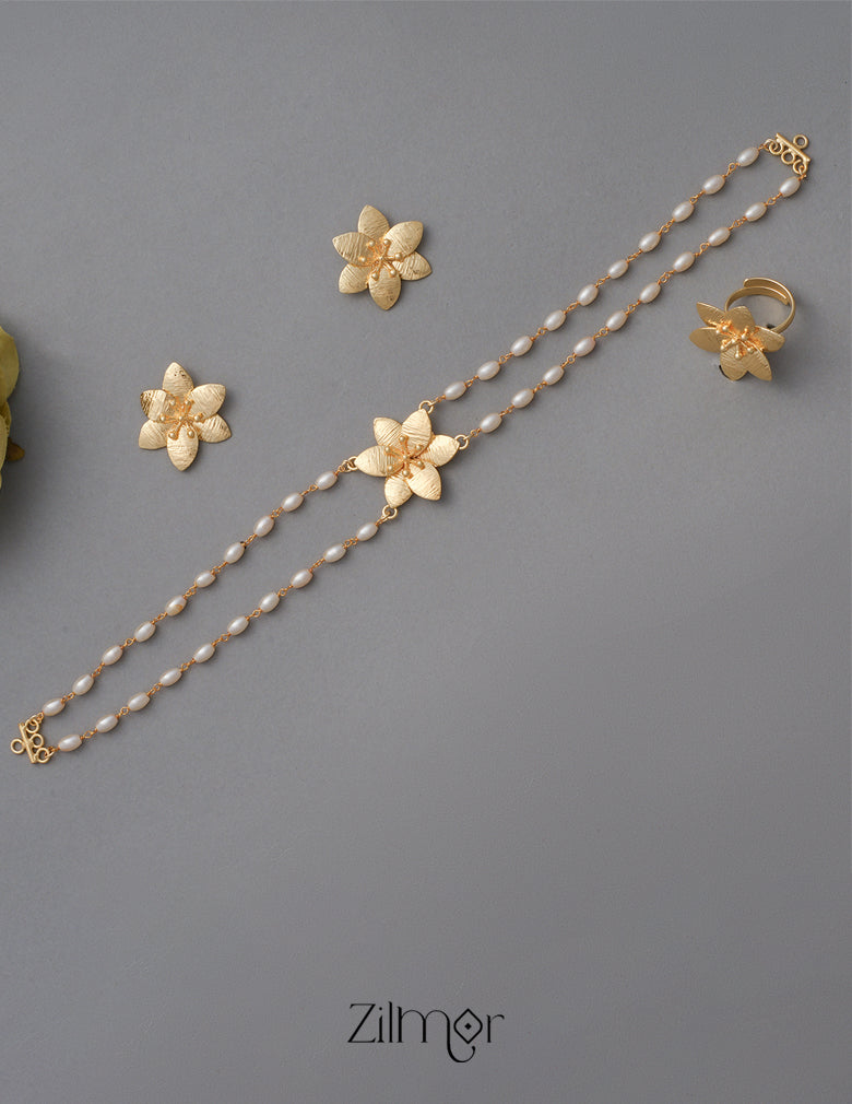 AS1011266 - Flower Pearl Necklace Earring Ring Set