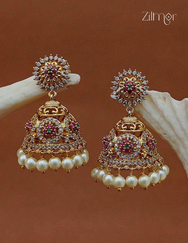 Ad Stone with Pearl Hanging Jhumka Earrings - AF1012879