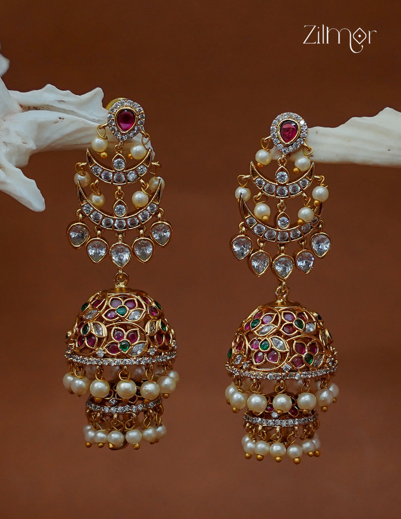 Ad Stone with Pearl Hanging Jhumka Earrings - AF1013021