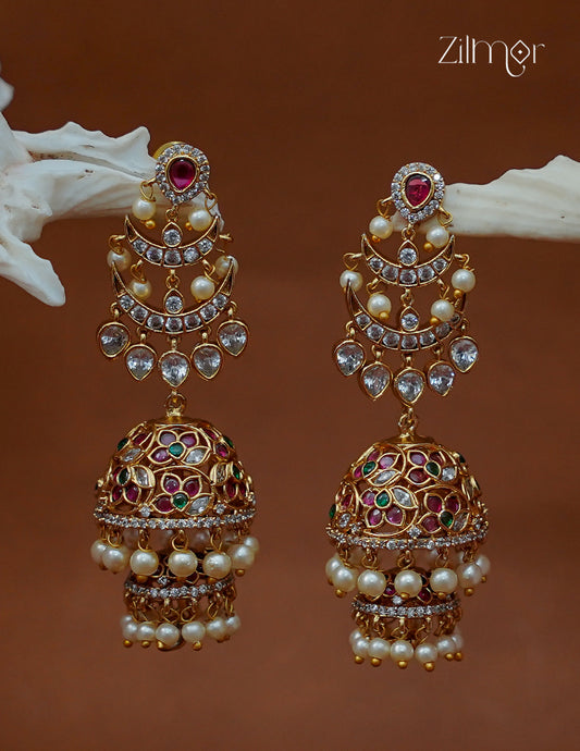 Ad Stone with Pearl Hanging Jhumka Earrings - AF1013021