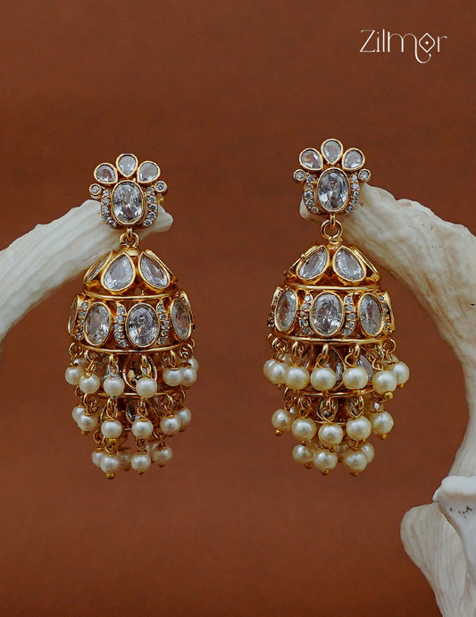 Ad Stone with Pearl Hanging Jhumka Earrings  - KA1012987