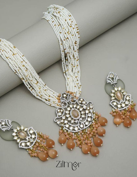 American Diamond Beaded Long Necklace Earring Set (color option)- FS100142