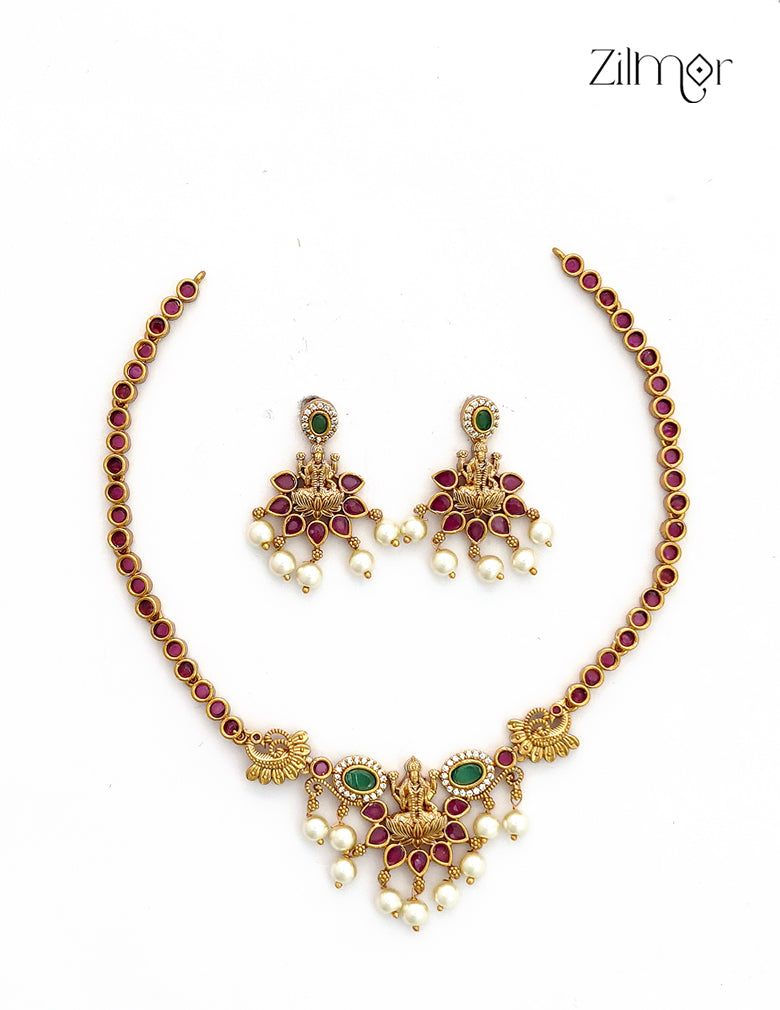 Antique Ad Stone Pearl Hanging Lakshmi Necklace Set with Matching Earrings - SC1012791