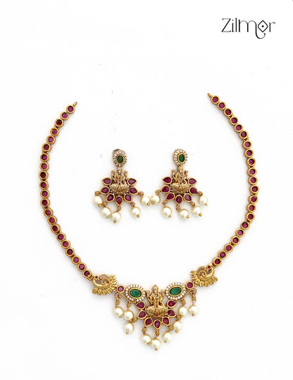 Antique Ad Stone Pearl Hanging Lakshmi Necklace Set with Matching Earrings - SC1012791