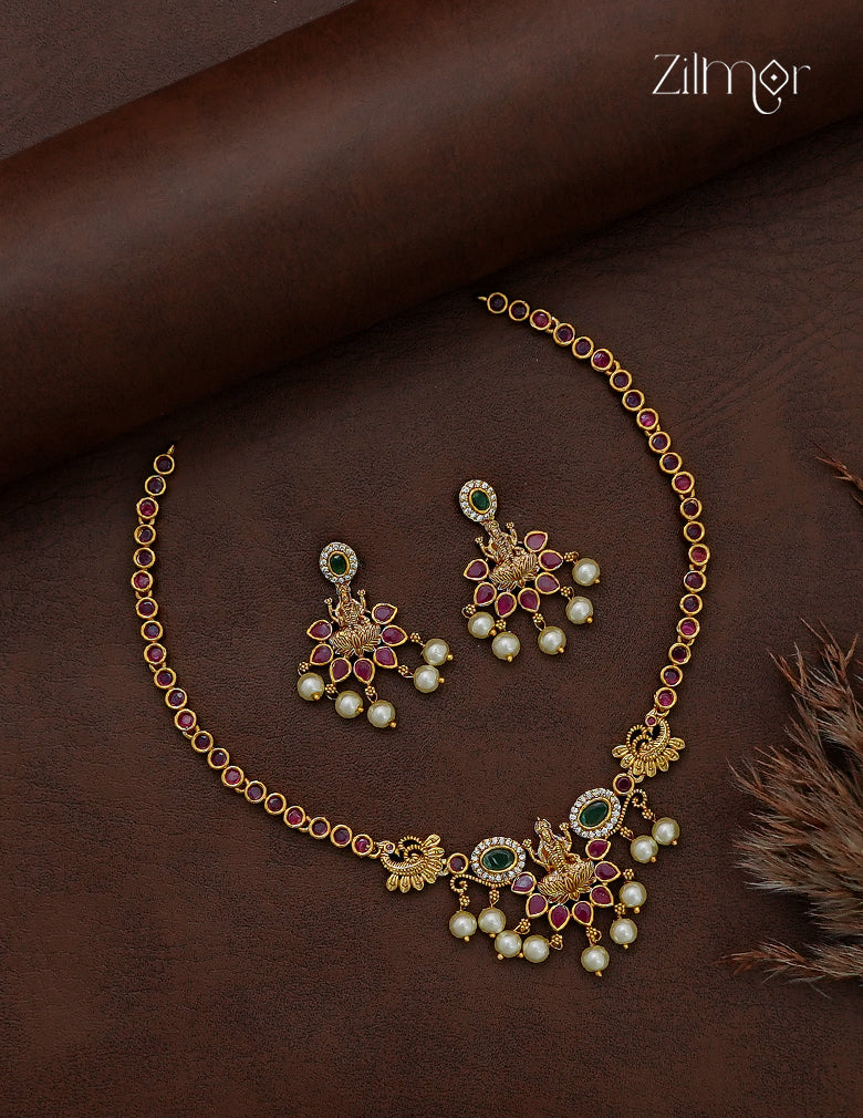 Antique Ad Stone Pearl Hanging Lakshmi Necklace Set with Matching Earrings - SC1012791