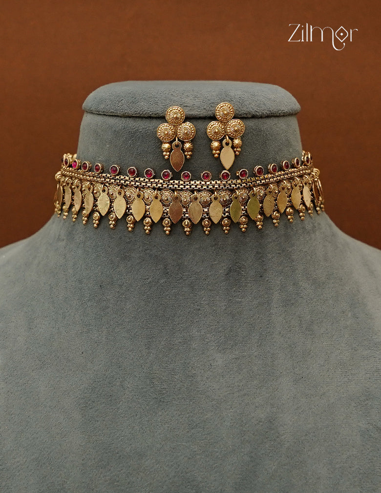 Antique Elakkathali Choker Necklace Set with Matching Earrings - NV1012725