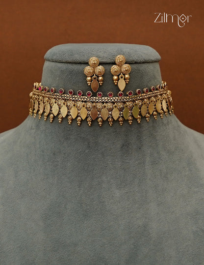 Antique Elakkathali Choker Necklace Set with Matching Earrings - NV1012725