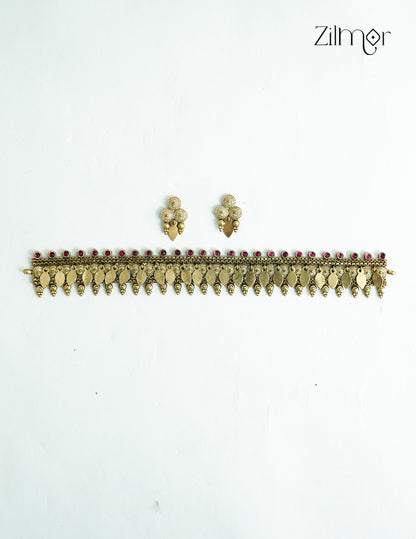 Antique Elakkathali Choker Necklace Set with Matching Earrings - NV1012725