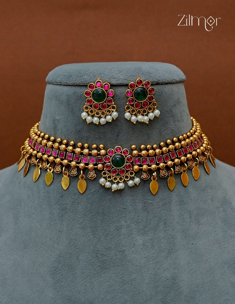 Antique Elakkathali Choker Necklace Set with Matching Earrings - NV1012726