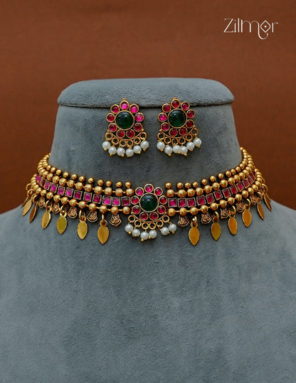 Antique Elakkathali Choker Necklace Set with Matching Earrings - NV1012726