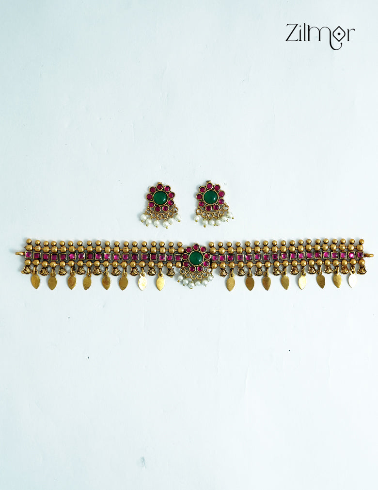 Antique Elakkathali Choker Necklace Set with Matching Earrings - NV1012726