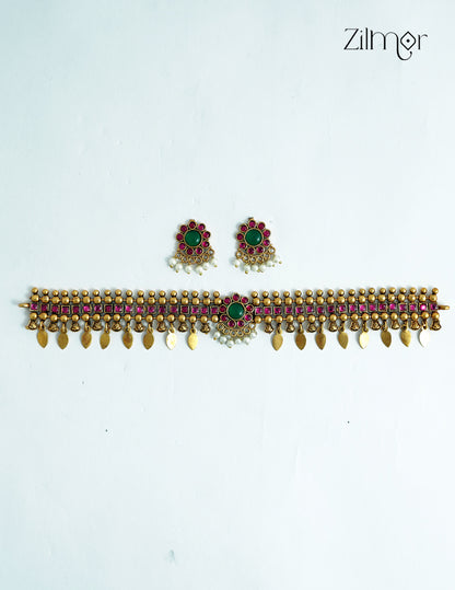 Antique Elakkathali Choker Necklace Set with Matching Earrings - NV1012726