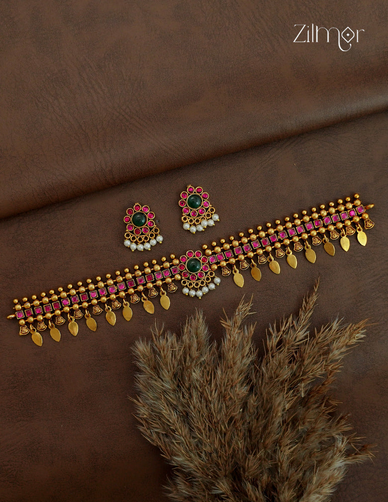 Antique Elakkathali Choker Necklace Set with Matching Earrings - NV1012726