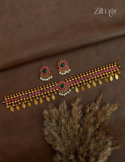 Antique Elakkathali Choker Necklace Set with Matching Earrings - NV1012726