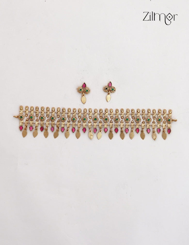 Antique Elakkathali Choker Necklace Set with Matching Earrings - NV1012811
