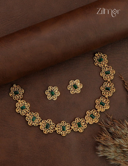 Antique Floral Motif Choker Necklace Set with Matching Earrings - NV1012733