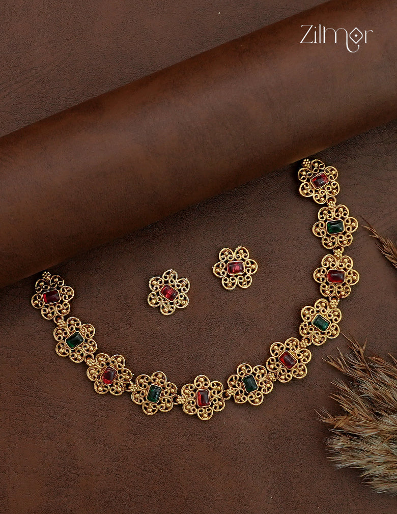 Antique Floral Motif Choker Necklace Set with Matching Earrings - NV1012733