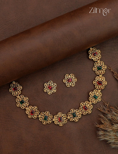Antique Floral Motif Choker Necklace Set with Matching Earrings - NV1012733
