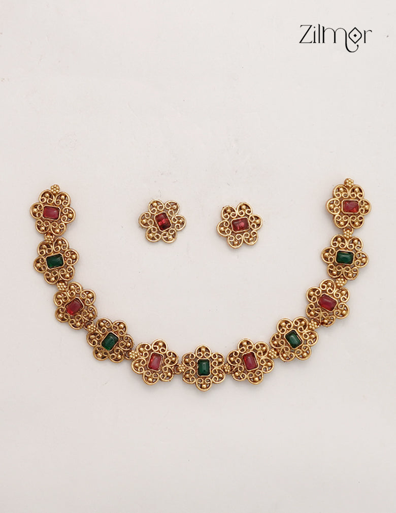 Antique Floral Motif Choker Necklace Set with Matching Earrings - NV1012733