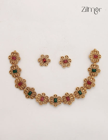 Antique Floral Motif Choker Necklace Set with Matching Earrings - NV1012733
