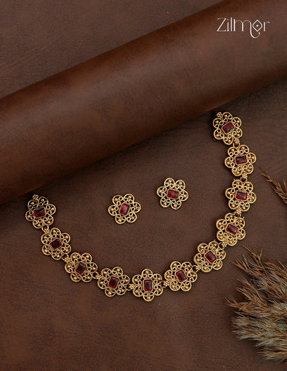Antique Floral Motif Choker Necklace Set with Matching Earrings - NV1012733