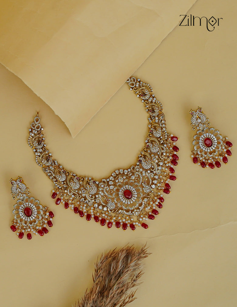 Antique Gold AD Stone Bridal Choker Necklace & Earrings Set - SN1012365