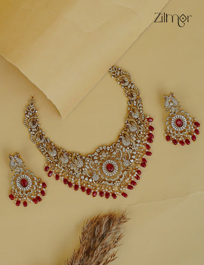 Antique Gold AD Stone Bridal Choker Necklace & Earrings Set - SN1012365