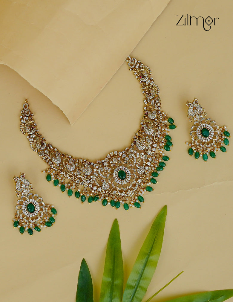 Antique Gold AD Stone Bridal Choker Necklace & Earrings Set - SN1012365