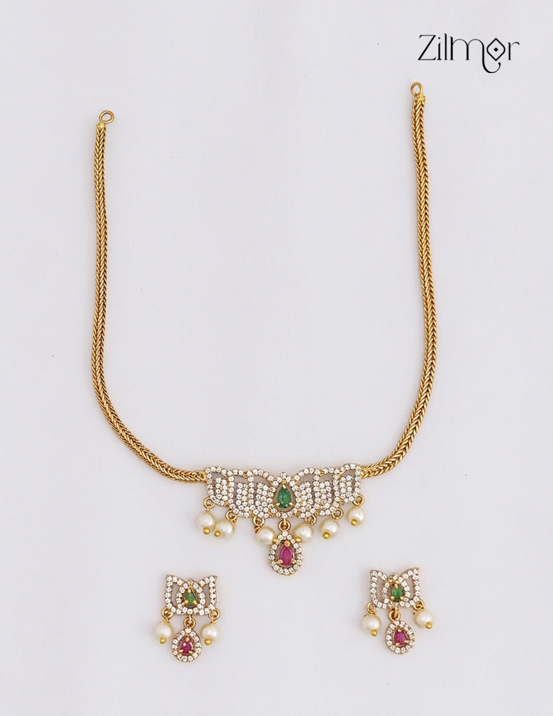 AD Stone Lotus Pendant Choker Necklace & Earrings Set - SN1012364