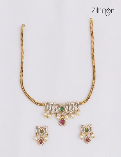 AD Stone Lotus Pendant Choker Necklace & Earrings Set - SN1012364
