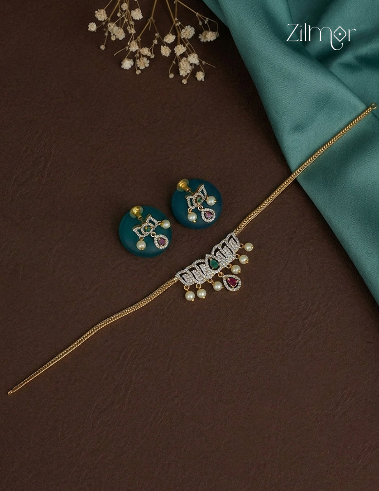 AD Stone Lotus Pendant Choker Necklace & Earrings Set - SN1012364