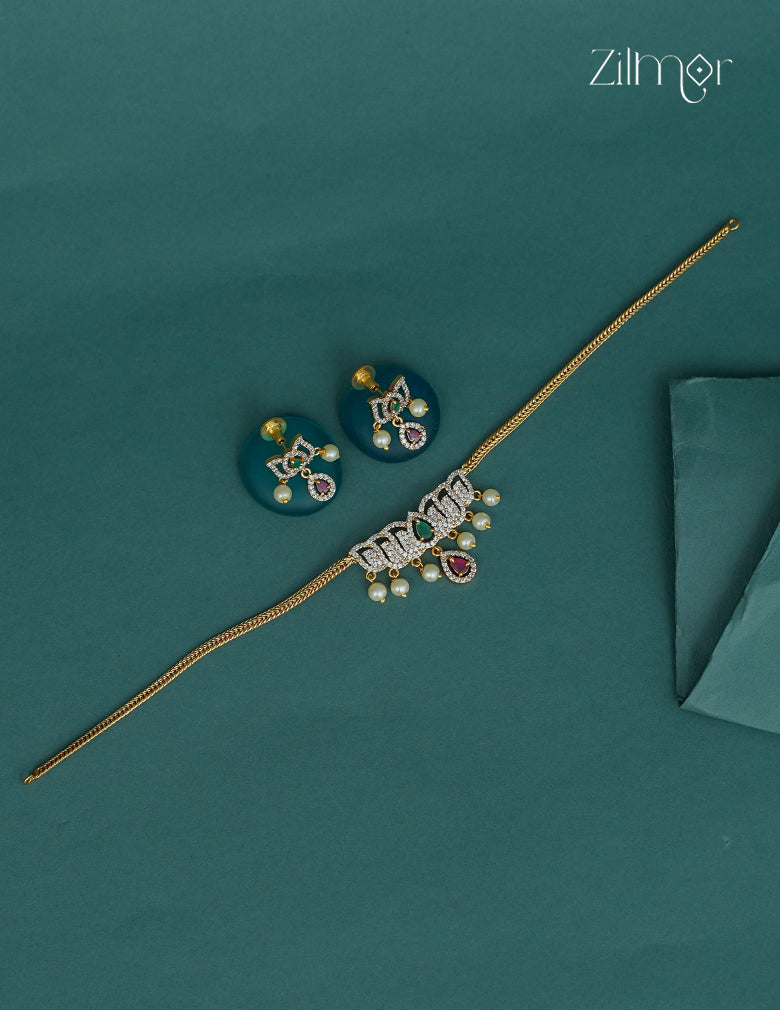 AD Stone Lotus Pendant Choker Necklace & Earrings Set - SN1012364