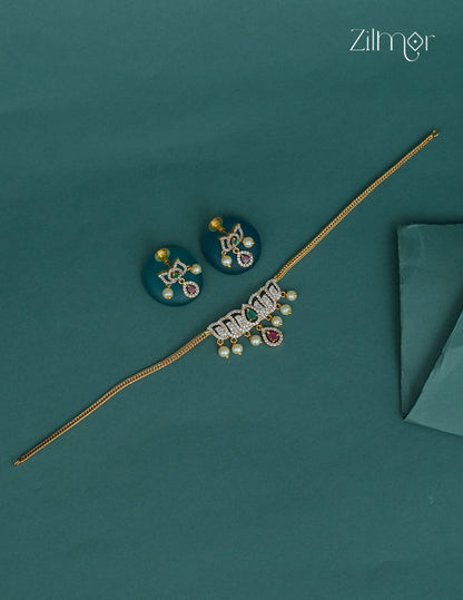 AD Stone Lotus Pendant Choker Necklace & Earrings Set - SN1012364