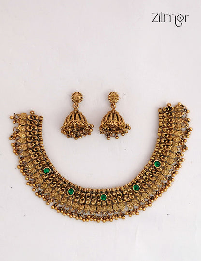 Antique Gold Bridal Choker Necklace Set with Jhumka Earrings - NV1012746