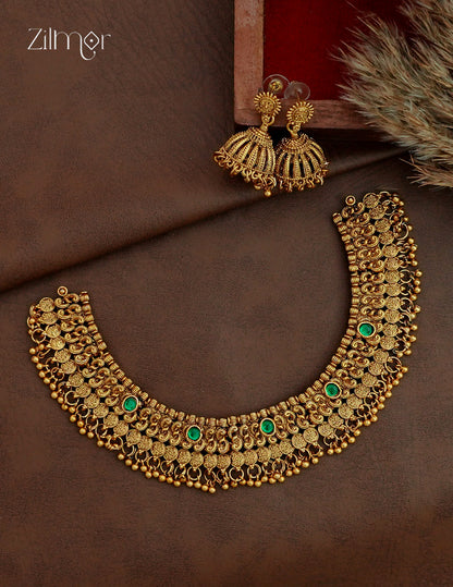 Antique Gold Bridal Choker Necklace Set with Jhumka Earrings - NV1012746