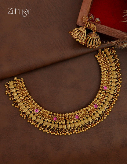 Antique Gold Bridal Choker Necklace Set with Jhumka Earrings - NV1012746