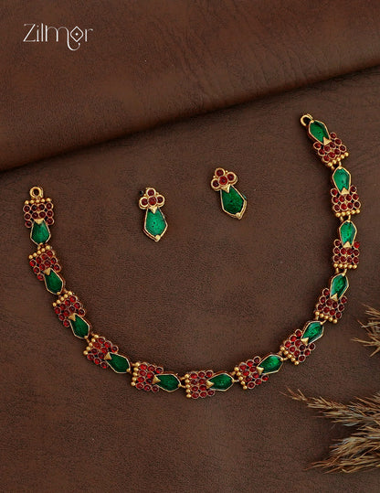 Antique Gold Bridal Palakka Choker Necklace Set with Stud Earrings - NV1012753