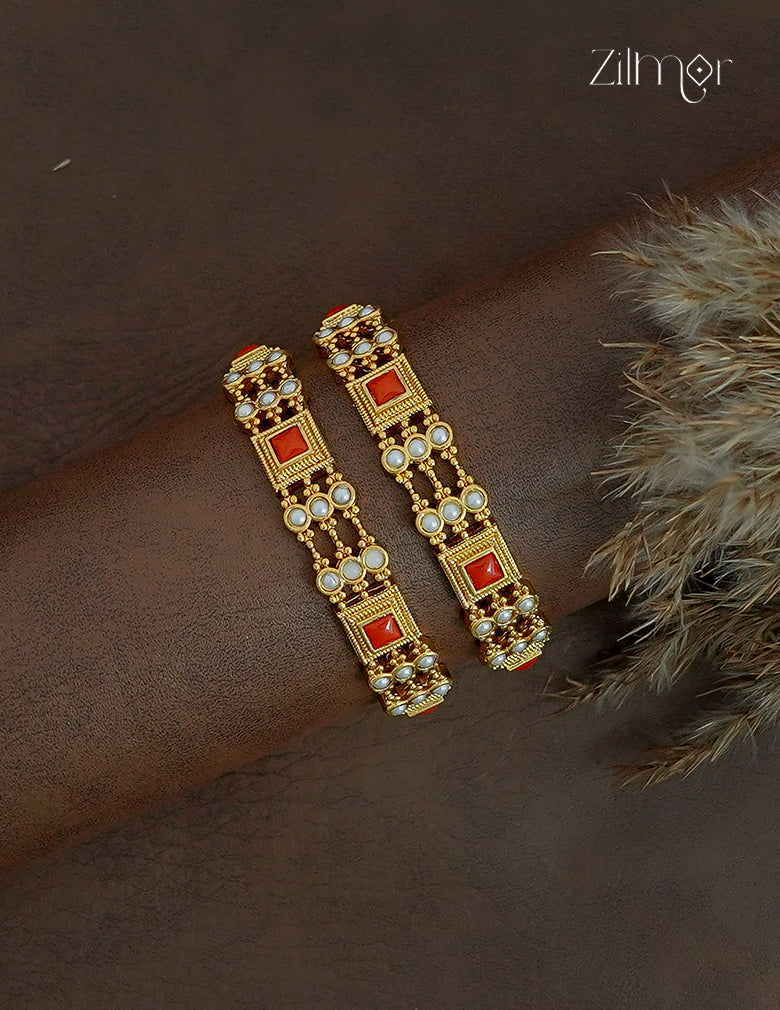 Antique Gold Coral & Pearl  Bangle Pair- KA1012382