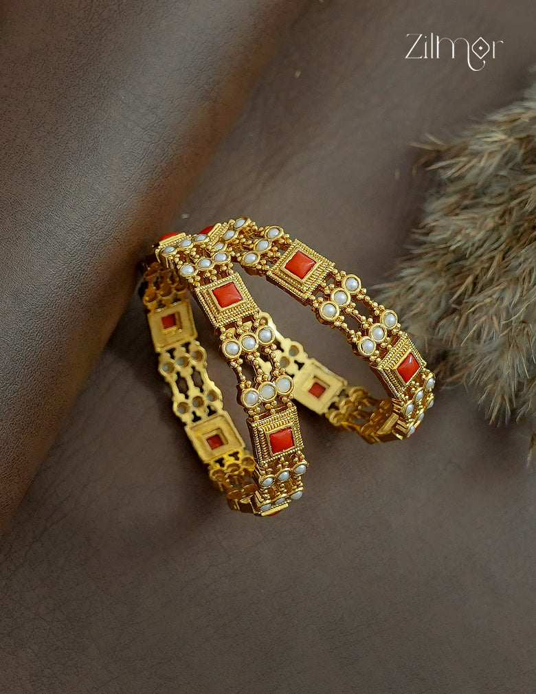Antique Gold Coral & Pearl  Bangle Pair- KA1012382