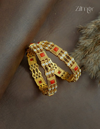Antique Gold Coral & Pearl  Bangle Pair- KA1012382