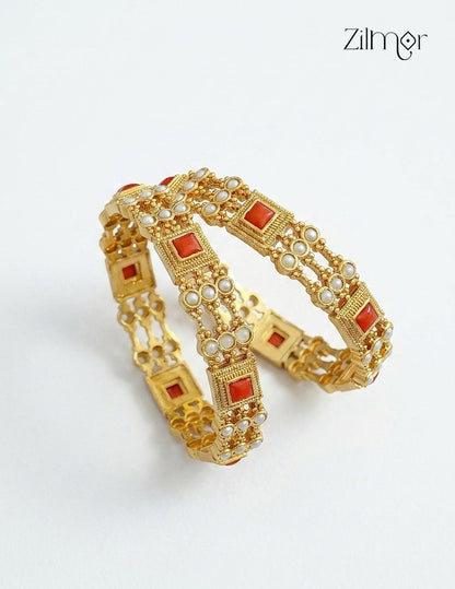 Antique Gold Coral & Pearl  Bangle Pair- KA1012382