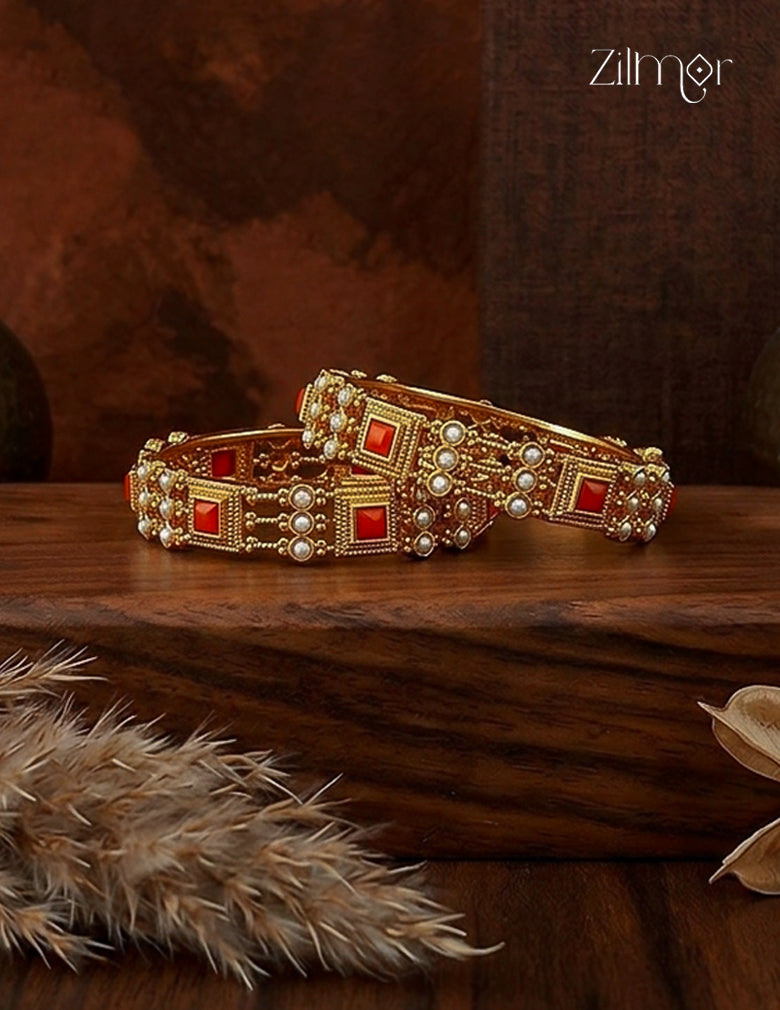Antique Gold Coral & Pearl  Bangle Pair- KA1012382