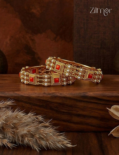 Antique Gold Coral & Pearl  Bangle Pair- KA1012382