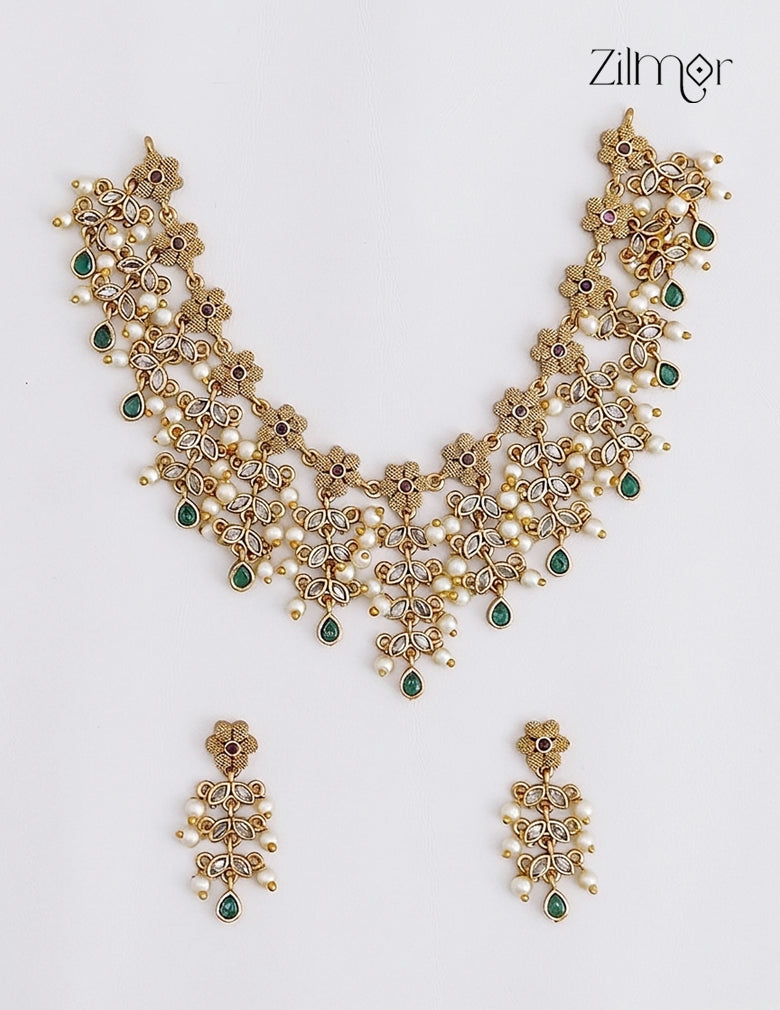 Antique Gold Floral Pearl Choker Necklace & Earrings Set - SN1012363