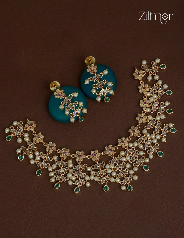 Antique Gold Floral Pearl Choker Necklace & Earrings Set - SN1012363